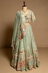 Aqua Green Tissue Designer Bead and Multi Thread Floral Work Lehenga - green saree