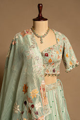 Aqua Green Tissue Designer Bead and Multi Thread Floral Work Lehenga - green saree