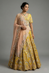 Yellow Raw Silk Desginer All Over Embroidered and Sequins Worked Lehenga