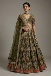 Olive Green Matka Silk Zardosi and Sequin Worked Lehenga with Double Dupatta