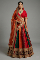 Multi Colored Matka Silk Designer Bridal Lehenga with Double Dupatta