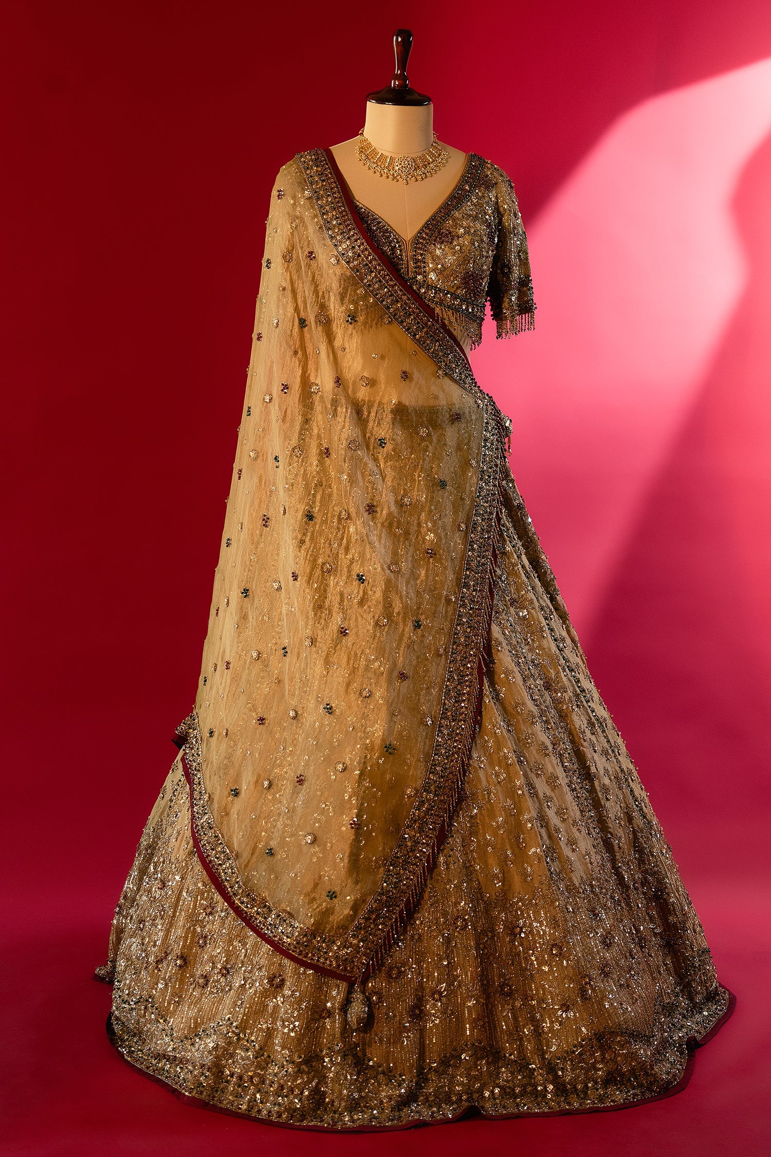Golden Tissue Silk Sequinned and Beaded Designer Lehenga - gold silk saree