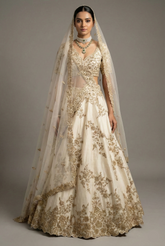 Pearl White Raw Silk Designer Zardosi Worked Lehenga with Double Dupatta