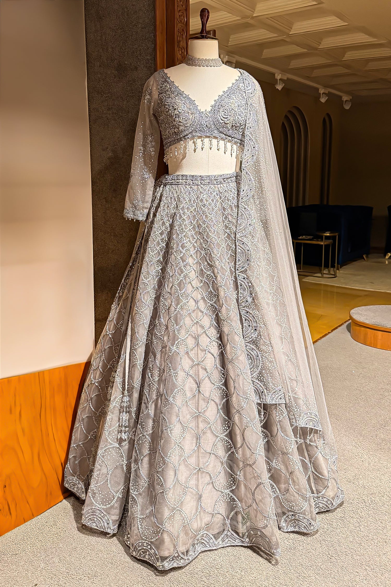Grey Net Designer All Over Sequinned and Mirror Worked Lehenga - grey net saree