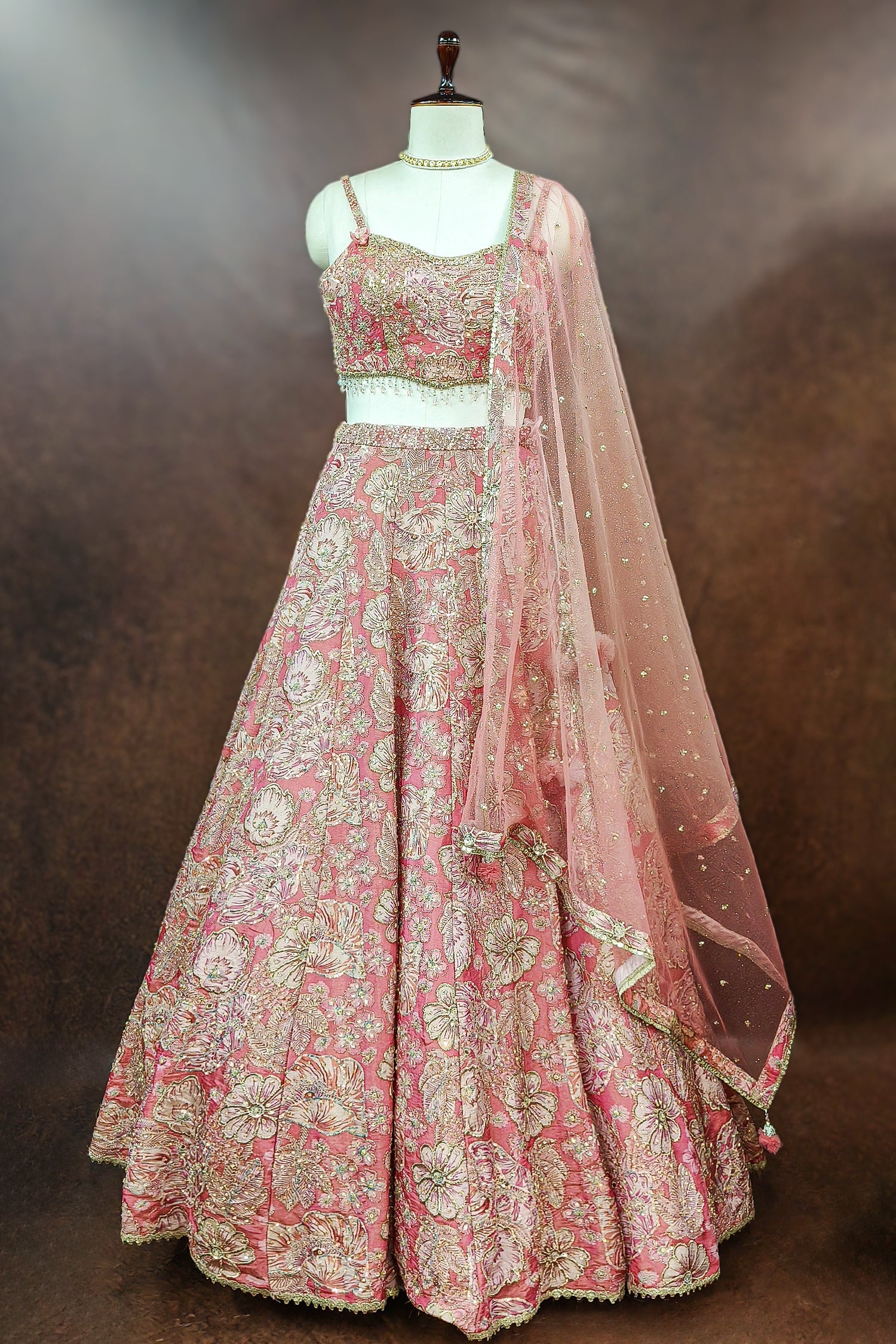 Pink Tissue Organza Floral Printed Lehenga with Cutdana Sequin Work - pink organza saree