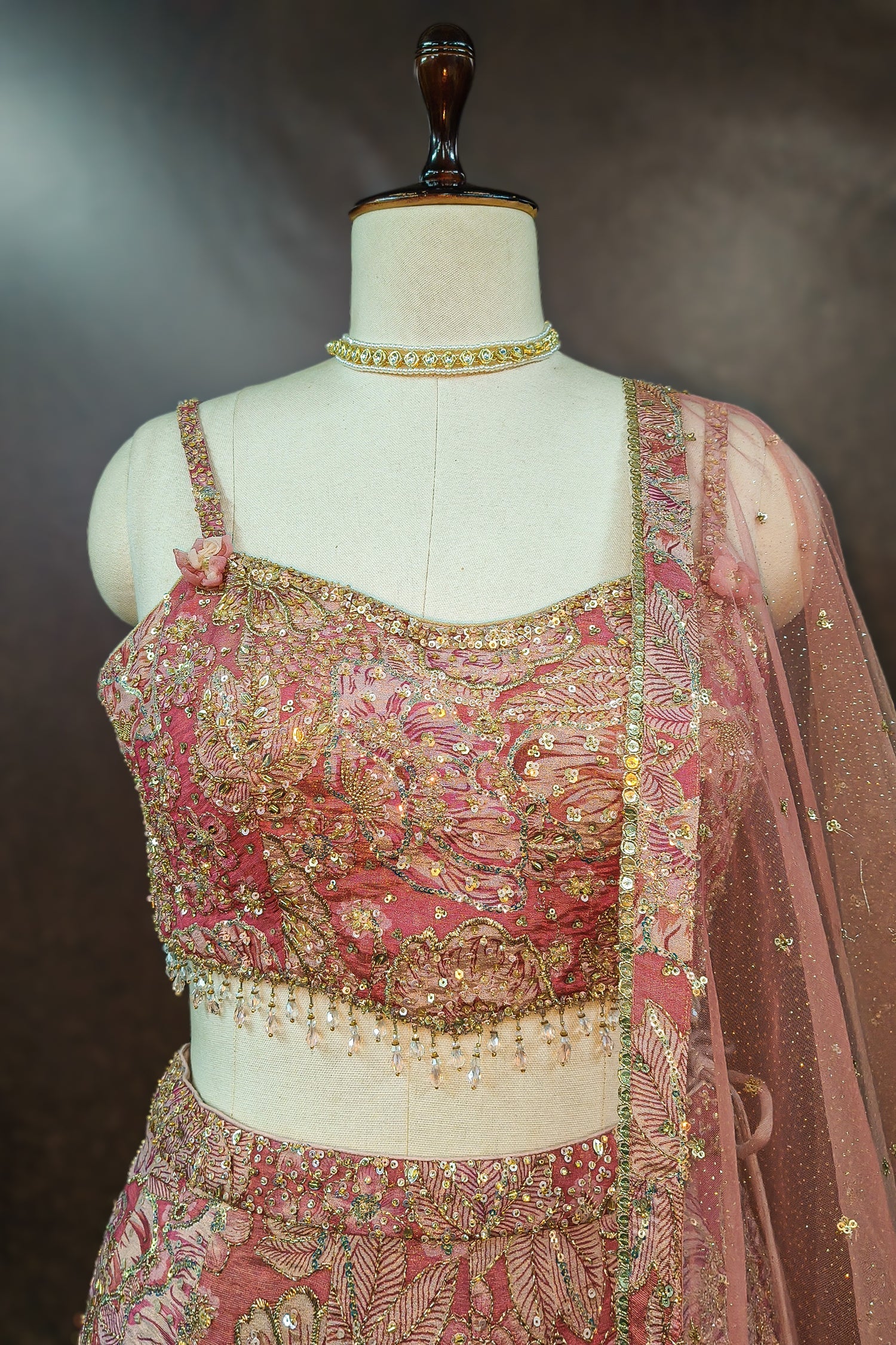 Pink Tissue Organza Floral Printed Lehenga with Cutdana Sequin Work - pink organza saree