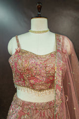 Pink Tissue Organza Floral Printed Lehenga with Cutdana Sequin Work - pink organza saree