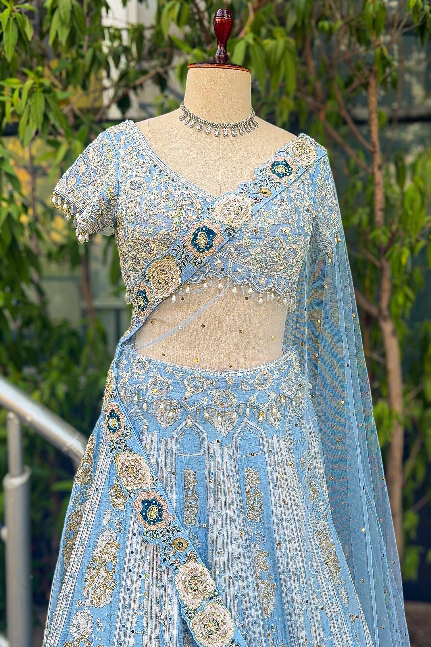 Light Blue Silk All Over Beaded and Mirror Worked Lehenga - blue silk saree