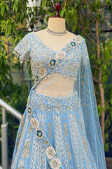 Light Blue Silk All Over Beaded and Mirror Worked Lehenga - blue silk saree