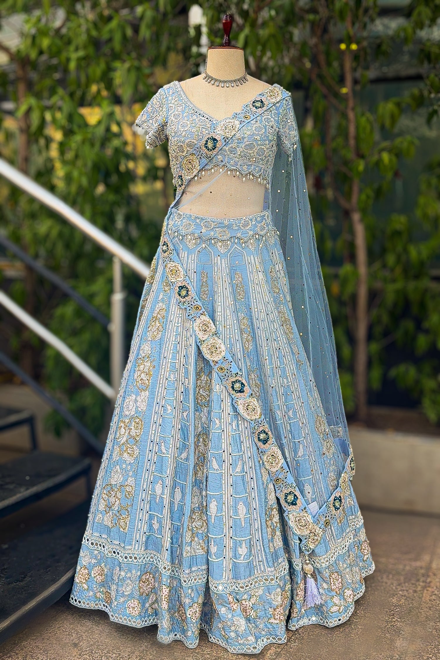 Light Blue Silk All Over Beaded and Mirror Worked Lehenga - blue silk saree