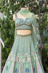 Pista Green Silk Sequin and Cutdana Worked Lehenga - green silk saree