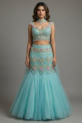 Mint Blue Net Designer Sequinned and Beaded Work Fish Cut Lehenga - blue net saree