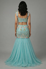 Mint Blue Net Designer Sequinned and Beaded Work Fish Cut Lehenga - blue net saree