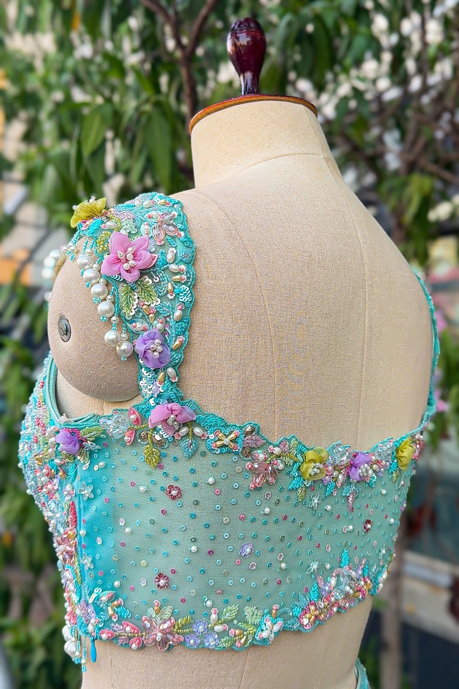 Mint Blue Net Designer Sequinned and Beaded Work Fish Cut Lehenga - blue net saree