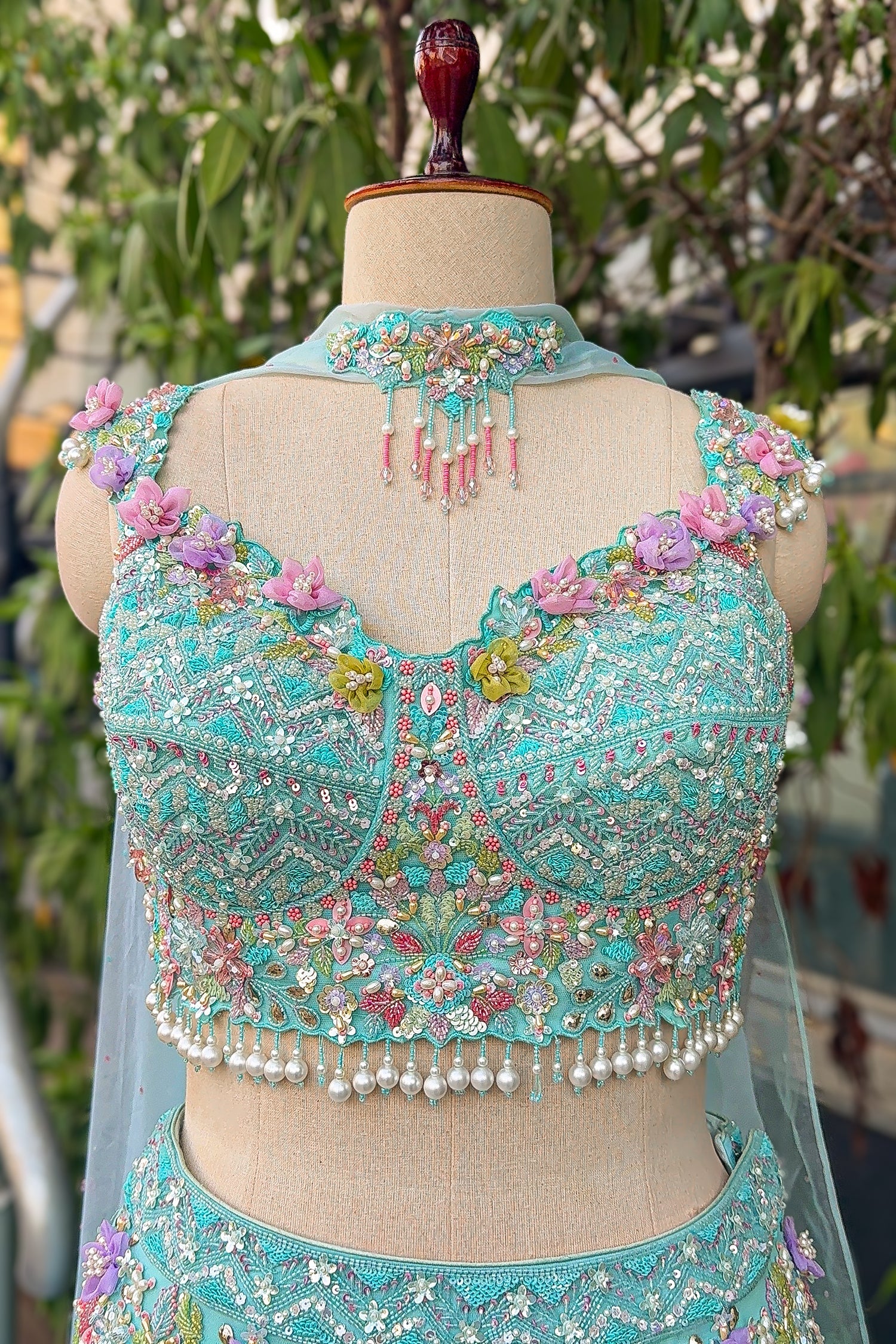 Mint Blue Net Designer Sequinned and Beaded Work Fish Cut Lehenga - blue net saree