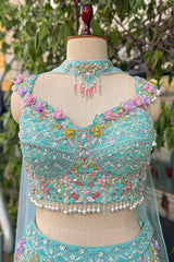 Mint Blue Net Designer Sequinned and Beaded Work Fish Cut Lehenga - blue net saree