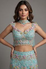 Mint Blue Net Designer Sequinned and Beaded Work Fish Cut Lehenga - blue net saree