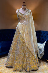 Golden Organza Designer Lehenga - gold organza saree