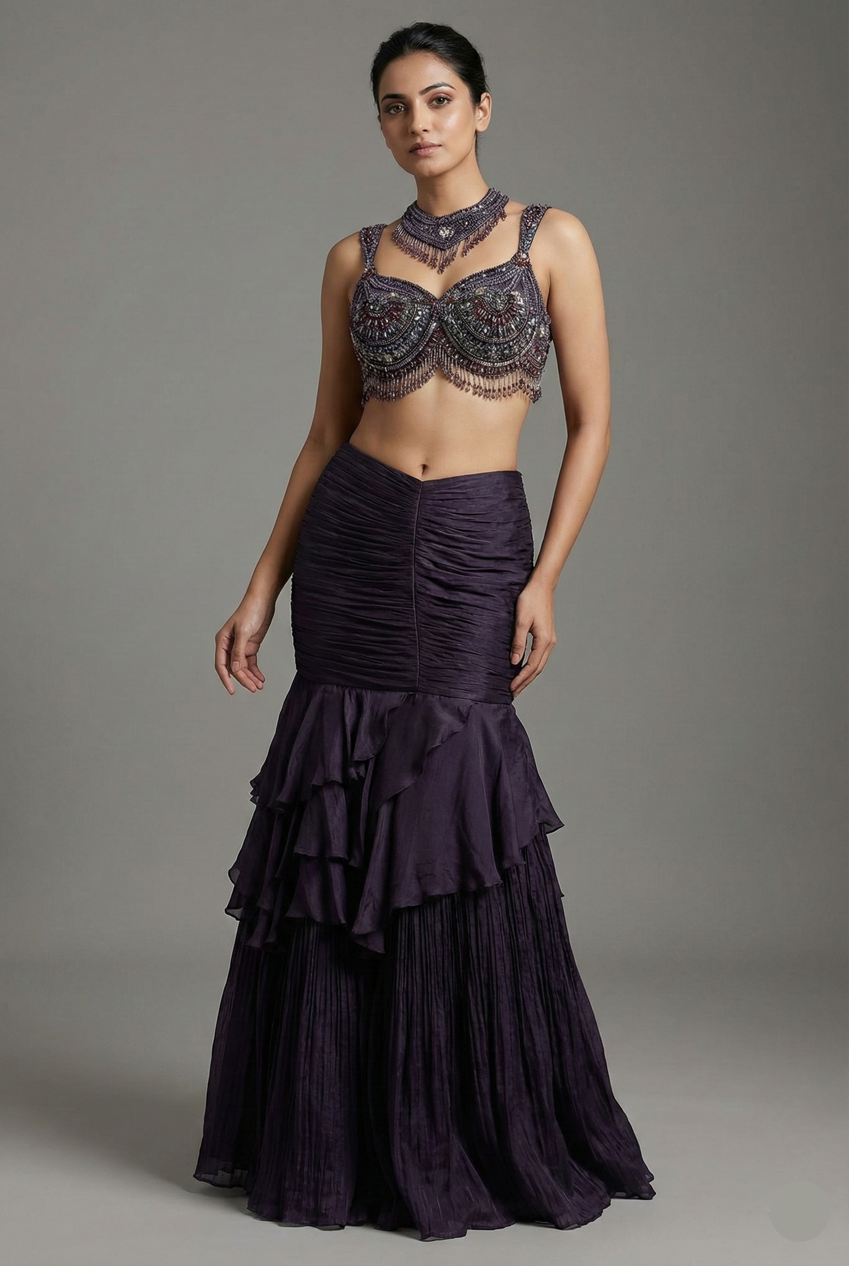 Purple Fish-Cut Ruffled Lehenga with Designer Blouse - purple saree