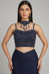 Dark Blue Fishcut Lehenga with Blouse and Choker Dupatta - blue saree