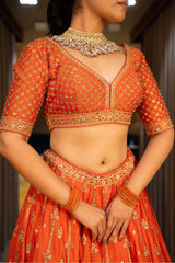 Orange Matka Silk Sequin Embroidered Lehenga - red silk saree embroidered