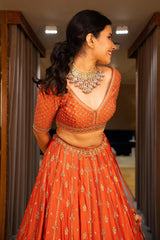 Orange Matka Silk Sequin Embroidered Lehenga