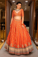 Orange Matka Silk Sequin Embroidered Lehenga - red silk saree embroidered