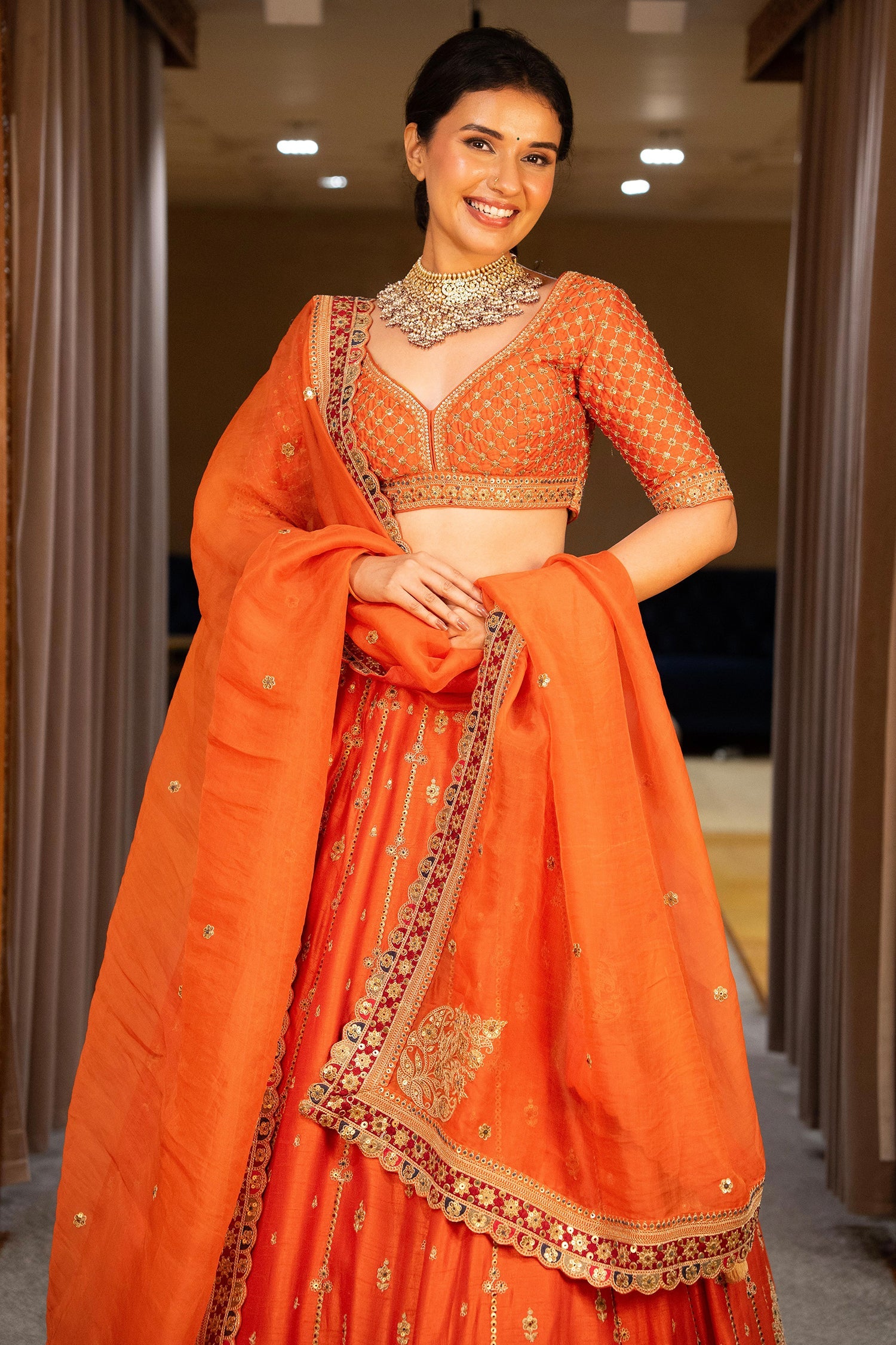 Orange Matka Silk Sequin Embroidered Lehenga - red silk saree embroidered