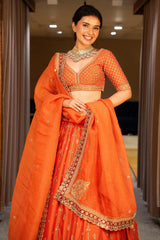 Orange Matka Silk Sequin Embroidered Lehenga - red silk saree embroidered