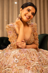 Pink Net Designer Sequin Cutdana and Beaded Lehenga