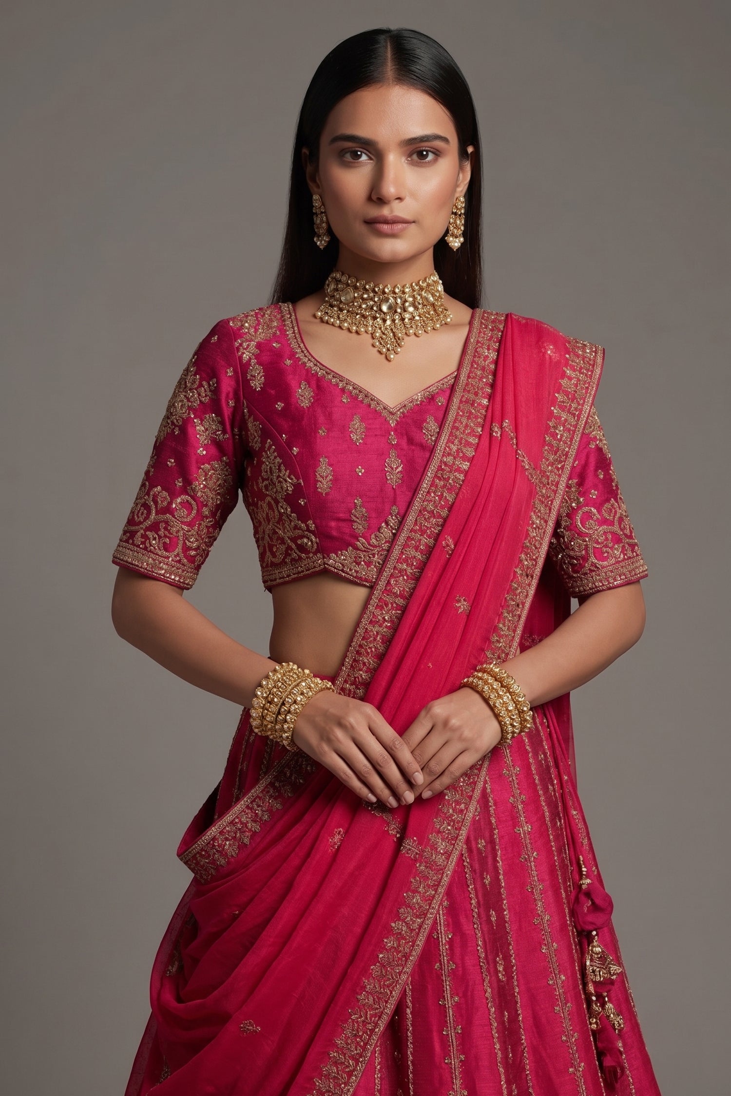 Magenta Silk Beaded and Zardosi Worked Lehenga - magenta silk saree