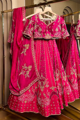 Magenta Silk Beaded and Zardosi Worked Lehenga - magenta silk saree