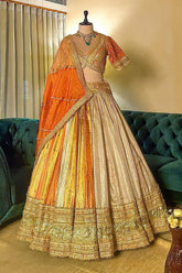 Multi Colored Tissue Organza Lehenga with Lace - red organza saree
