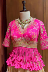 Champagne Beige Tissue Lehenga with Dramatic Tasselled Bandhej Crop Top Set