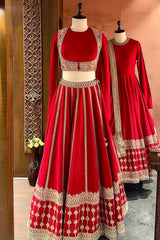 Red Matka Silk Sequins embroidered Lehenga - red silk saree embroidered
