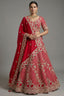 Red Raw Silk Floral Motif Sequin and Bead Worked Bridal Lehenga - red silk saree
