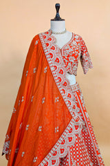 Orange Raw Silk Floral Motif Sequin and Bead Worked Bridal Lehenga