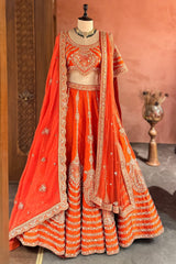 Orange Raw Silk Sequin Beaded Lehenga with Double Dupatta - orange silk saree