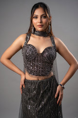 Close-up of tonal sequins and glass cutdana on the Dark Grey Net Sequin Lehenga