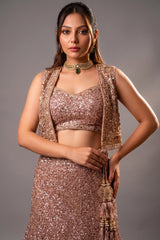 Close-up of shimmering sequins and cutdana on the Dusty Pink Net Sequinned Fish Cut Lehenga