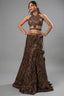 Brown Net Sequinned Fish Cut Lehenga with Halter Neck Blouse - Front View