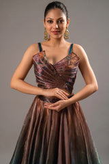Close-up of the ombre effect and cutdana work on the Brown and Prussian Blue Glass Organza Asymmetrical Lehenga