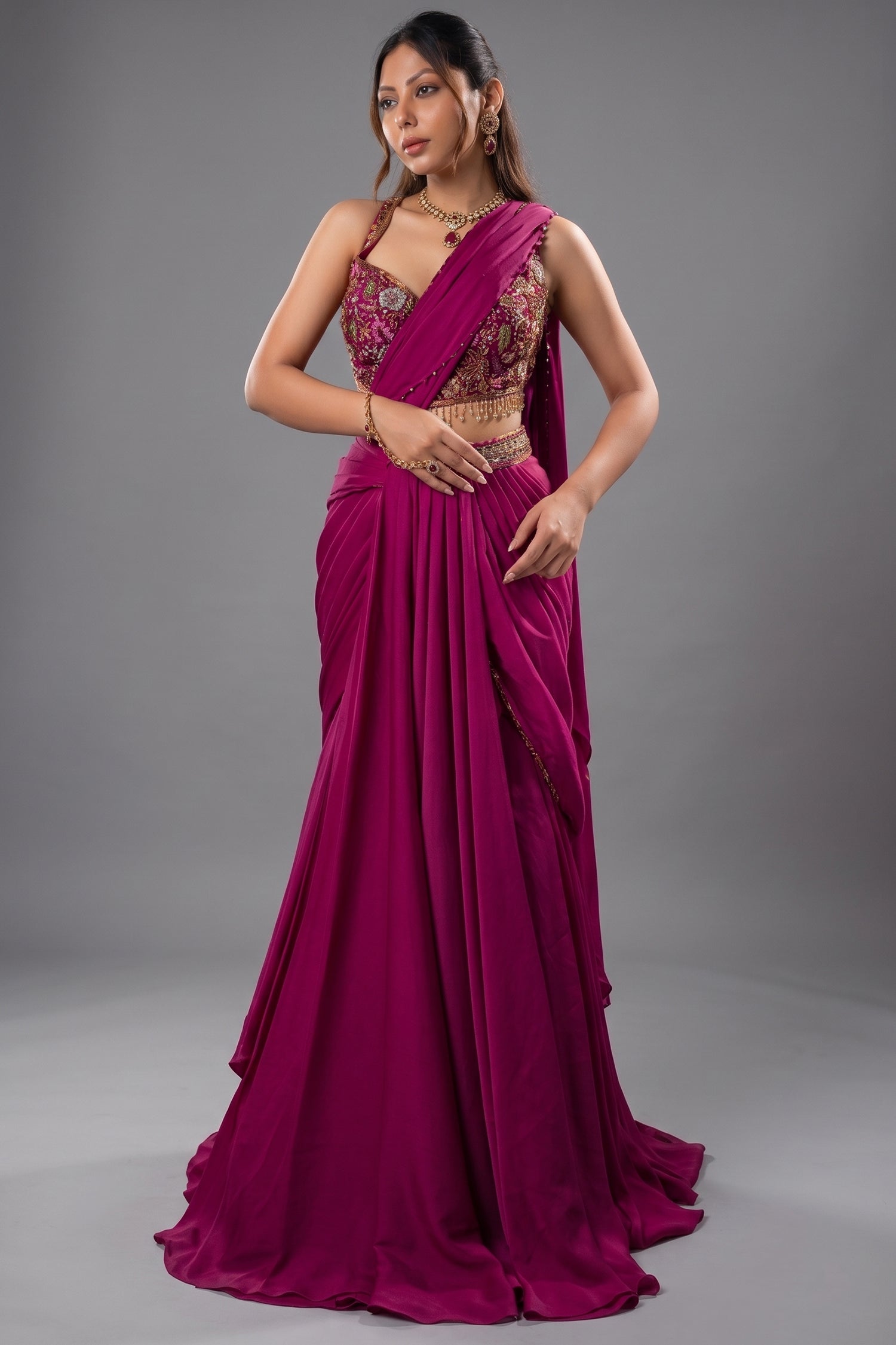 Pink Crepe Satin Draped Lehenga - Front View