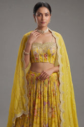 Close-up of sequins and cutdana work on the Lime Yellow Chiffon Chinon Silk Lehenga