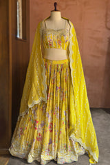 Lime Yellow Chiffon Chinon Silk Lehenga featuring a structured corset-style blouse