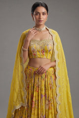 Close-up of sequins and cutdana work on the Lime Yellow Chiffon Chinon Silk Lehenga