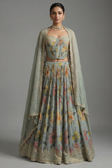 Light Sage Green Corset Lehenga - Front View