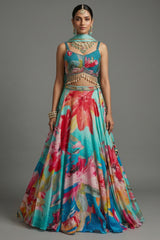 Turquoise Blue Crepe Silk Lehenga - Front View