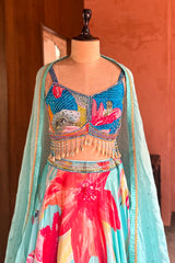 Designer Turquoise Blue Crepe Silk Lehenga for destination beach weddings