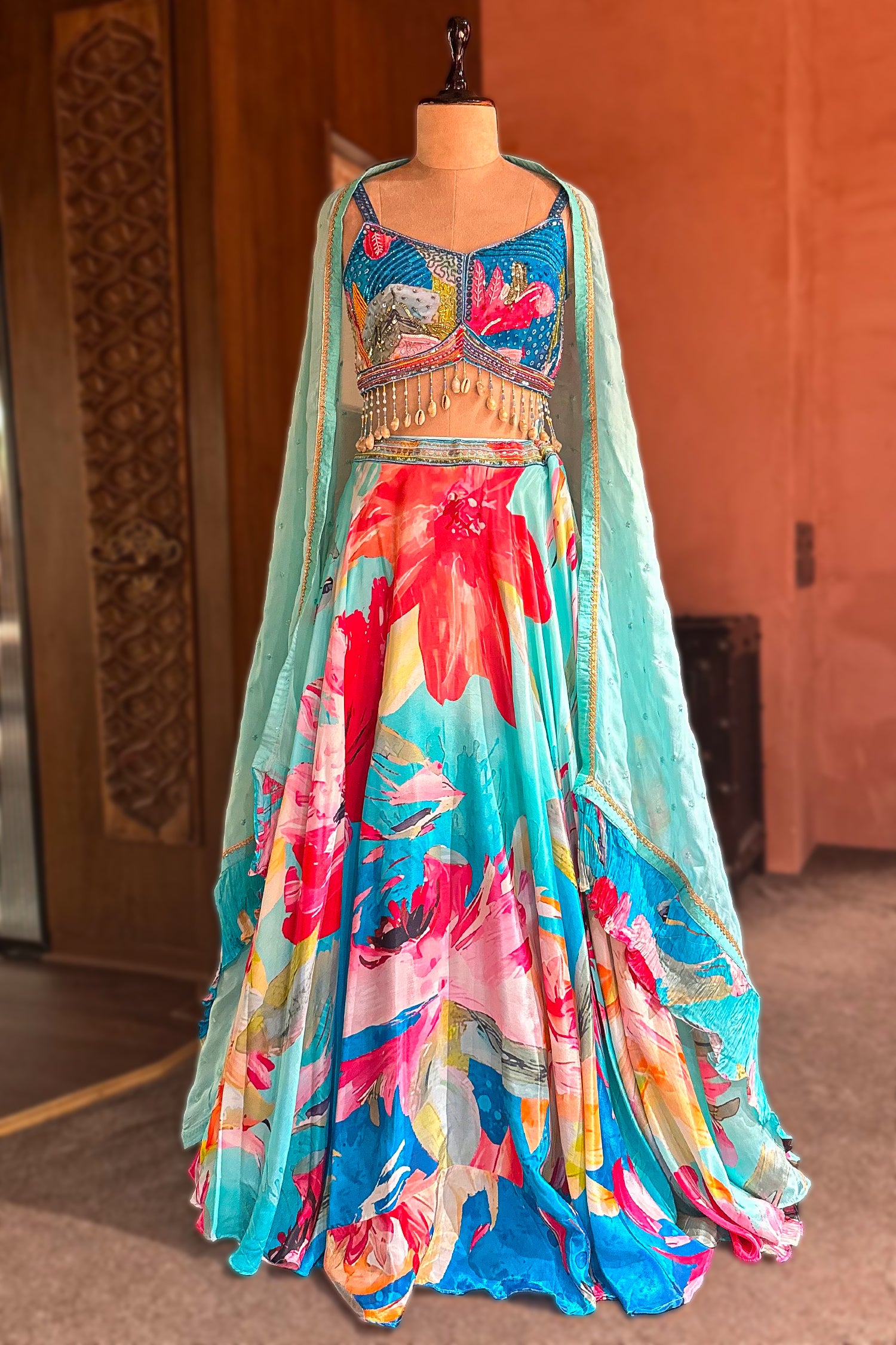 Turquoise Blue Crepe Silk Lehenga featuring a vibrant digital floral print